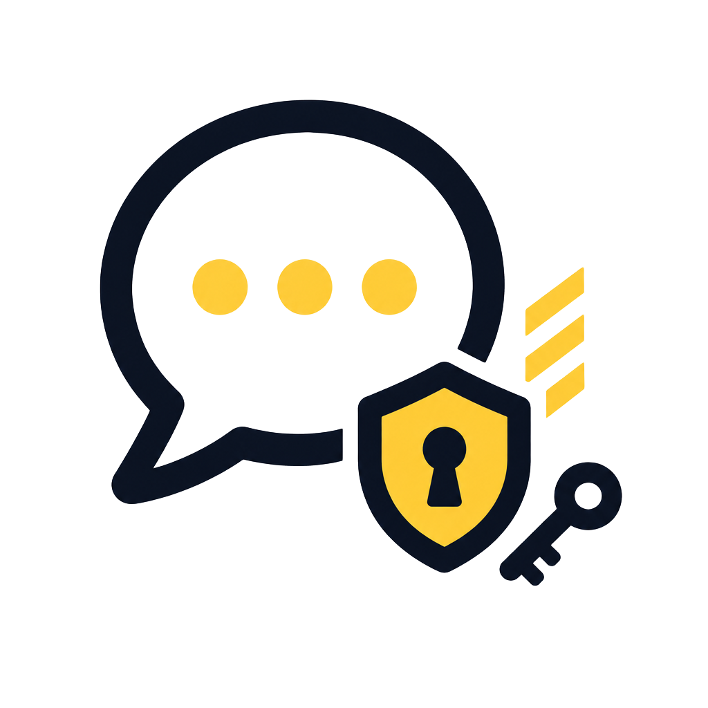 Simple illustration of a chat bubble beside a small shield with a keyhole and a key