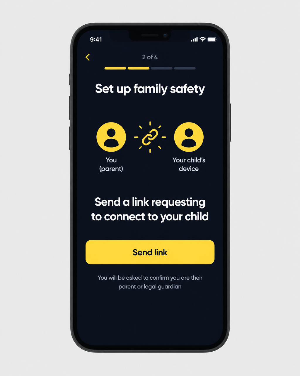 An illustrative set-up screen from a generic online family safety tool, asking the adult to send a link requesting to connect to their child's device